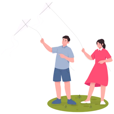 People flying Kites Together  Illustration