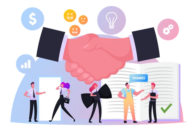 People Follow Business Etiquette Businessmen And Businesswomen Wear Formal Suits Shake Hands Starting Negotiations Characters At Office Partnership Teamwork Concept Cartoon Vector Illustration Illustration