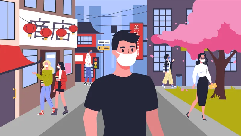 2019 N Co V Coronovirus Alert Dangerous Virus Epidemic Chinese Pneumonia People With Face Mask In Isolated City Isolated Vector Illustration In Cartoon Style Illustration