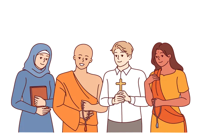People From Different Religious Groups Stand Together In Ethnic Clothes And Rejoice At Lack Of Differences Between Faiths Religious Arab Woman With Quran And Catholic Man With Crucifix Near Buddhist Illustration