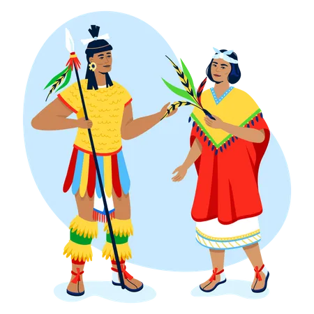 People From The Tribe Modern Colored Vector Poster On White Background With Woman And Man In National Clothes Poncho Feathers Hunting Spear Maya And Aztec Life Warrior And Peasant Idea Illustration