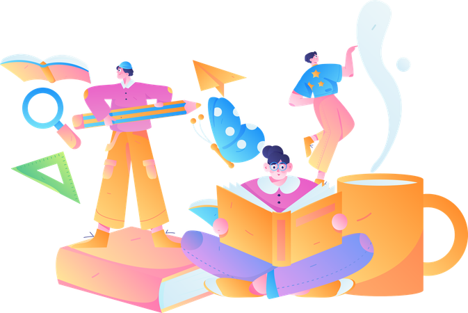 People gaining knowledge from book in study session  Illustration