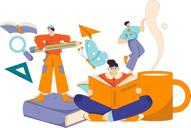 People gaining knowledge from book in study session  Illustration