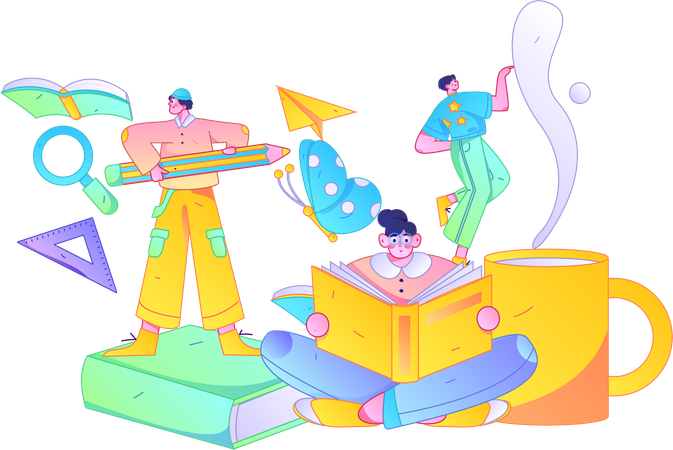 People gaining knowledge from book in study session  Illustration