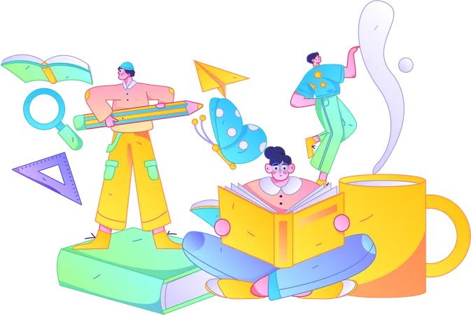 People gaining knowledge from book in study session  Illustration