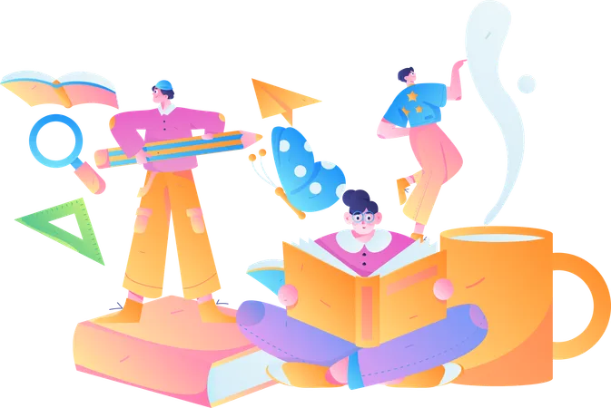 People gaining knowledge from book in study session  Illustration