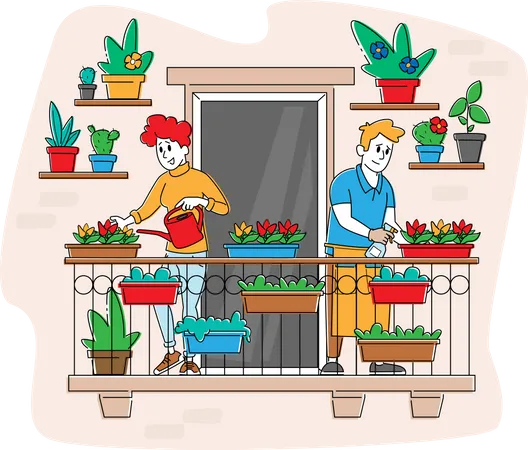 Happy Couple Characters Care Of Plants At Balcony Garden Homework Activity Caring Of Flowers Man And Woman Watering Plants From Can And Sprayer People Gardening At Home Linear Vector Illustration Illustration