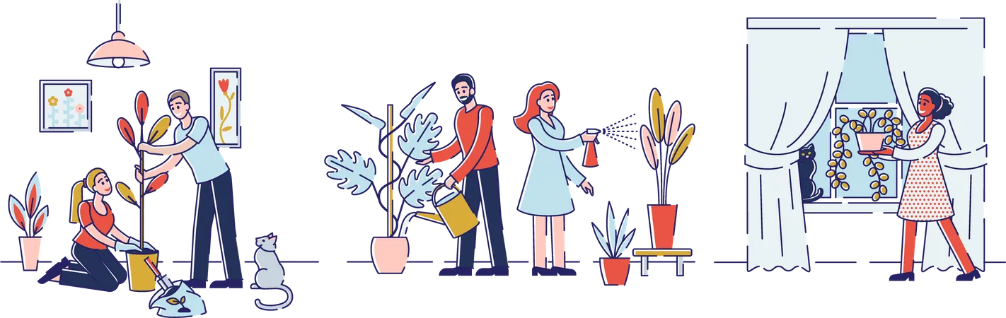 People Gardening At Home Happy Family Couple Homework With Plants Man And Woman Characters Caring Of Flowers Removing To Another Pot Watering From Can Cartoon Flat Vector Illustration Line Art Illustration