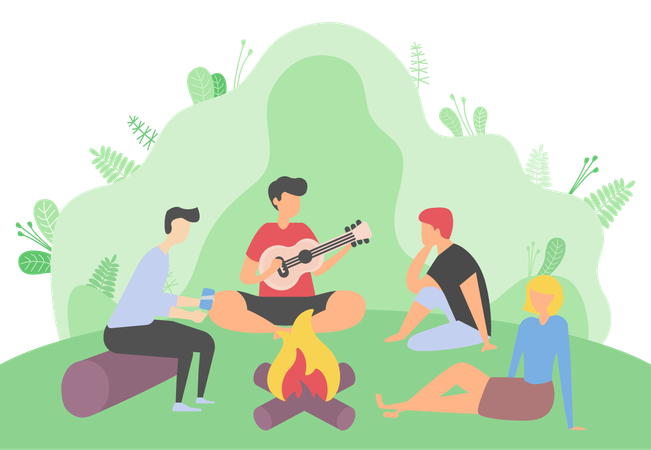 People gathering around bonfire  Illustration