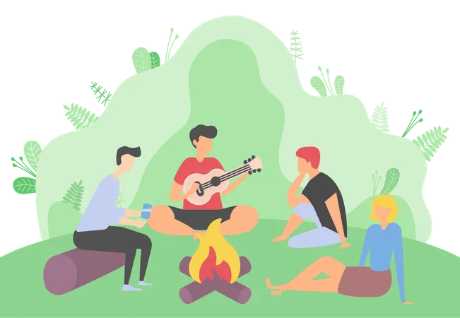 People Sitting By Bonfire Vector Man Playing Guitar Friends Sitting On Wooden Log Personage Musician With Musical Instrument Musician By Fire Camping Illustration