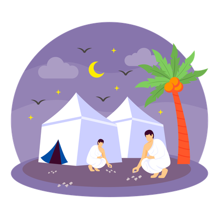 People Gathering Stones For The Stoning Of The Devil Ritual During Hajj  Illustration