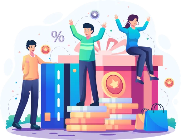 Online Reward Concept Happy People Get Online Rewards Gifts Discounts And Bonus Points From The Loyalty Marketing Program Vector Illustration In Flat Style Illustration