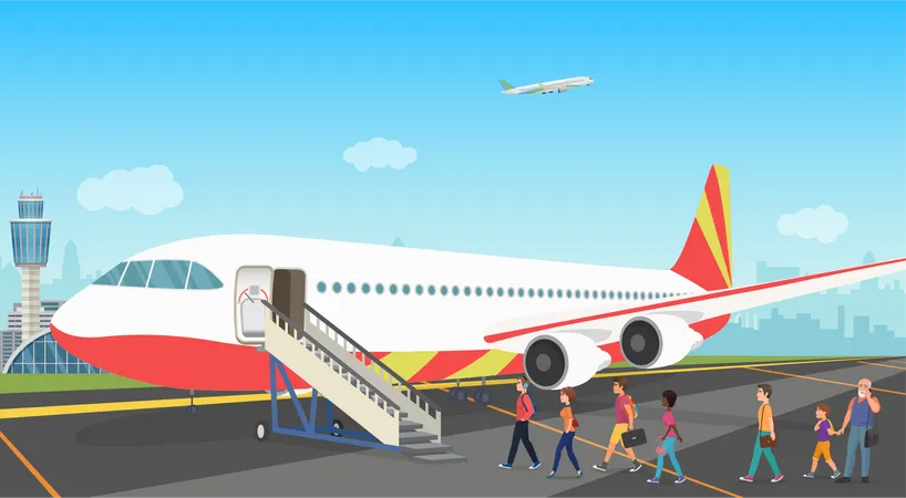 People getting board on airplane  Illustration