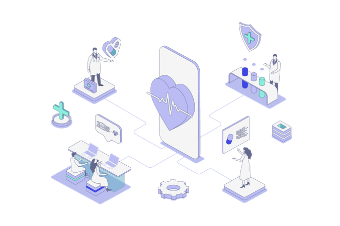 People getting cardiology consults online in mobile app  Illustration