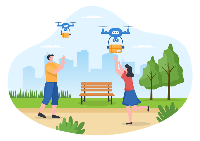 People getting delivery by drone Illustration
