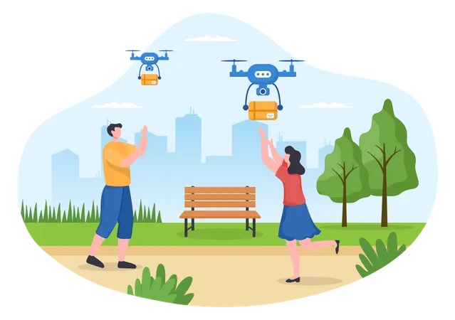 People getting delivery by drone Illustration