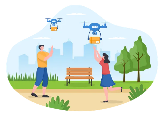 People getting delivery by drone  Illustration