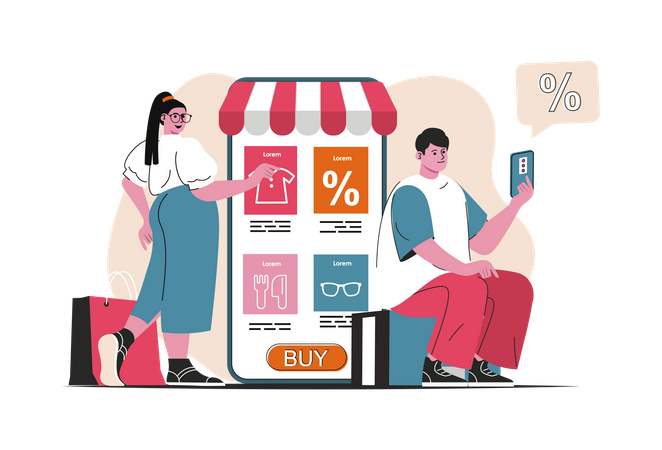 People getting discount on  online shopping  Illustration