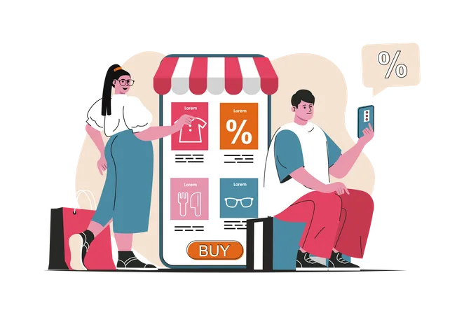 People getting discount on  online shopping  Illustration