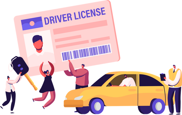 People Getting Driver License Illustration