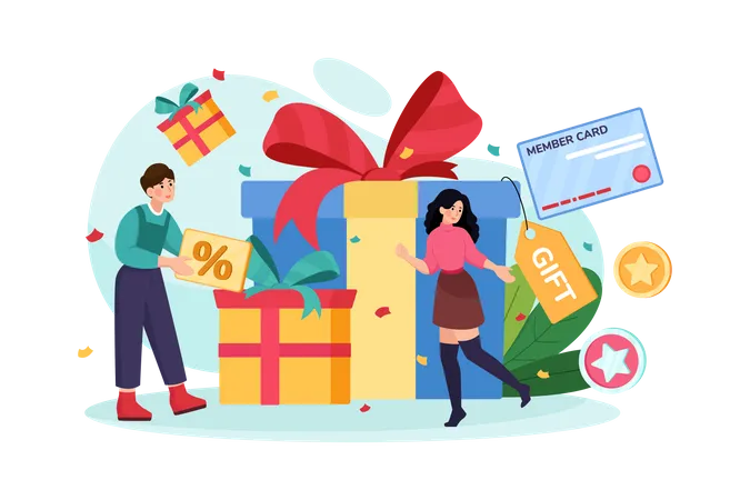 People getting gift and gift card in customer loyalty program Illustration