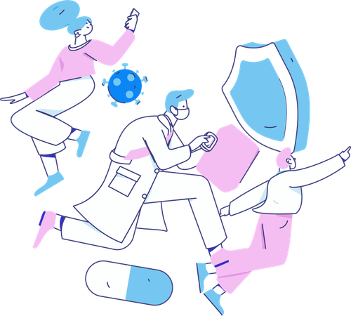 People getting medical insurance while doctor running with medical box  Illustration