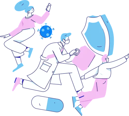 People getting medical insurance while doctor running with medical box  Illustration