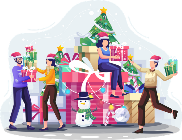 People giving each other Christmas gifts Illustration
