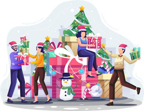 People giving each other Christmas gifts  Illustration