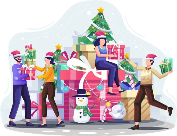 People giving each other Christmas gifts  Illustration