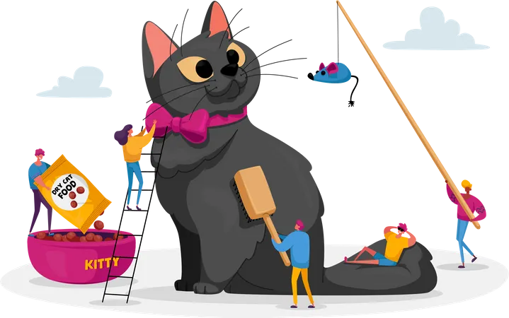 People giving food training to cat Illustration