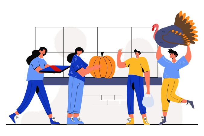 People Giving gifts on Thanksgiving Day  Illustration