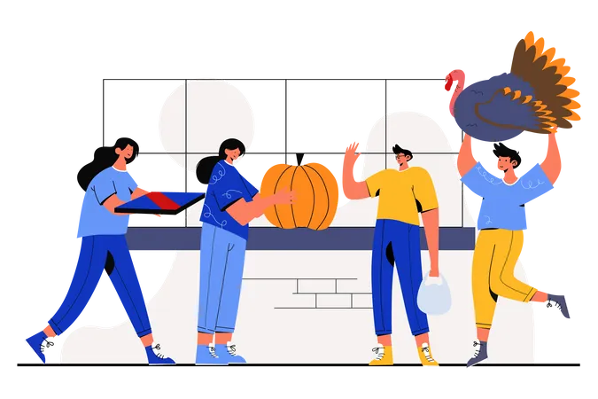 People Giving gifts on Thanksgiving Day  Illustration