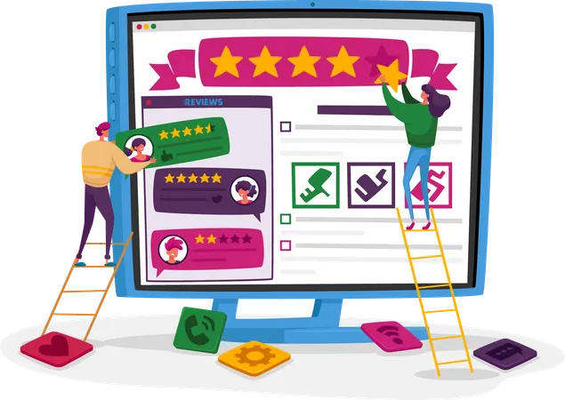 User Experience Customer Online Review Rating Tiny People Put Stars At Huge Pc Monitor With Application Characters Leave Feedback Clients Evaluate Service Technology Cartoon Vector Illustration Illustration