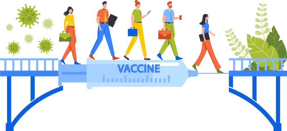 Vaccine As A Bridge From Problems Concept Male And Female Characters Cross Over The Huge Syringe With Remedy Of Coronavirus Infection Healthy Life Protection Cartoon People Vector Illustration Illustration