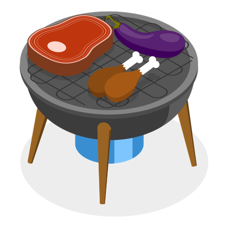People grilling chicken, meat and eggplant on barbeque  イラスト