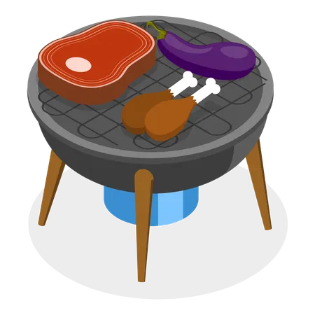 People grilling chicken, meat and eggplant on barbeque  イラスト