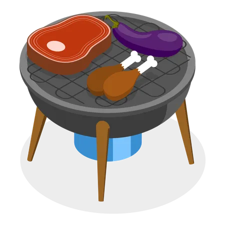 People grilling chicken, meat and eggplant on barbeque  Illustration