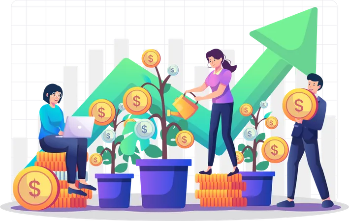 People growing investment money  Illustration