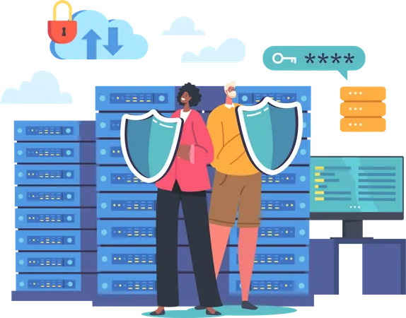 People guarding cloud server  Illustration