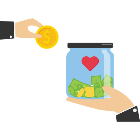 People hands holding donation jar with coins  Illustration