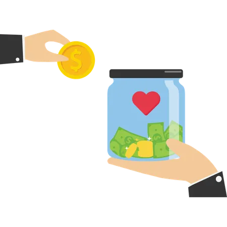 People hands holding donation jar with coins  Illustration