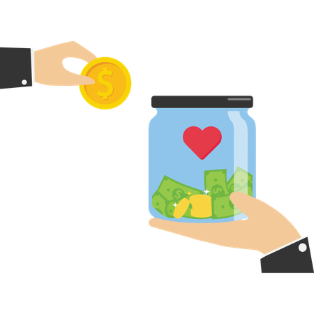 People hands holding donation jar with coins  Illustration