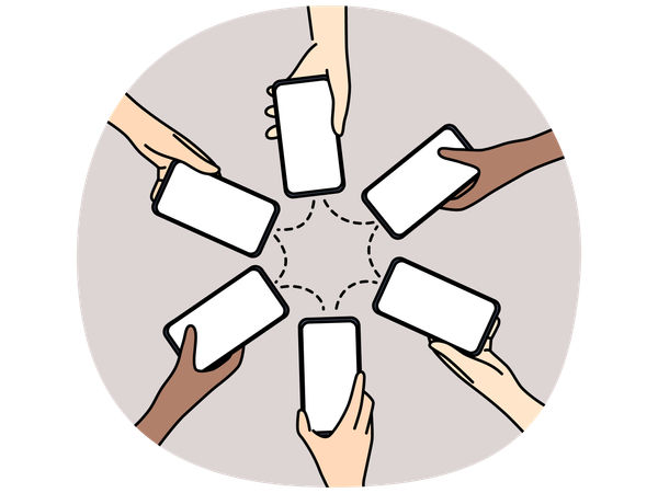 People hands in circle holding smartphones  Illustration