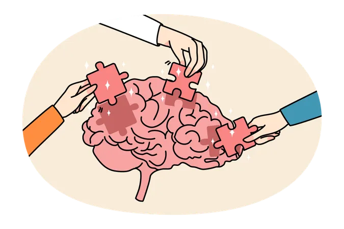 People hands put jigsaw puzzles into brain  Illustration