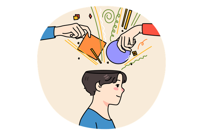 People hands put objects in man head  Illustration