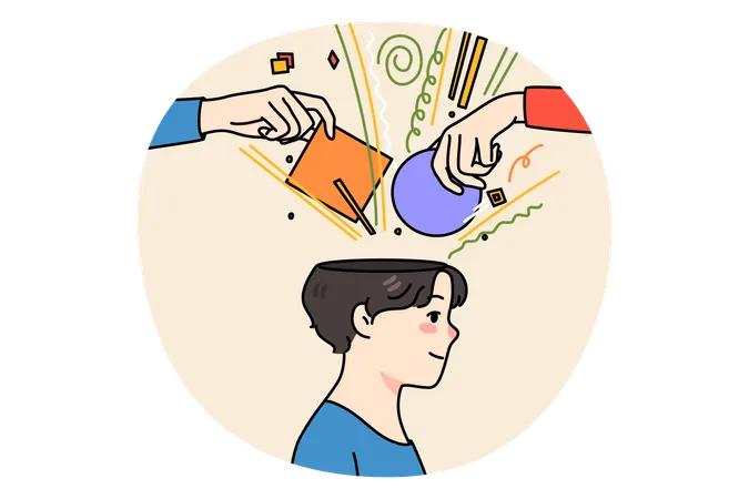 People hands put objects in man head  Illustration