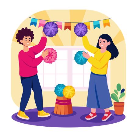 People hanging decor items  Illustration