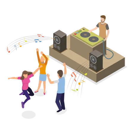 People hanging out and dancing in new year dj party  Illustration