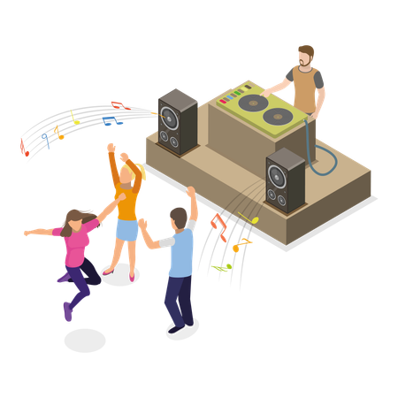 People hanging out and dancing in new year dj party  Illustration